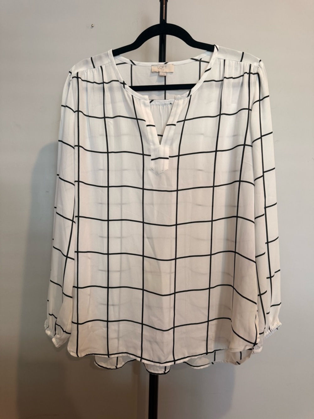 LOFT White Windowpane Split-V Blouse with Black Grid